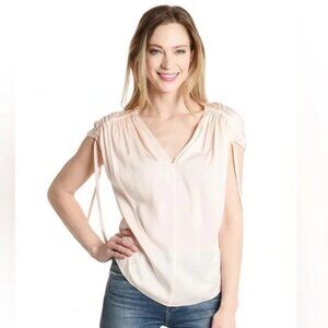 Vince Ruched Short Sleeve V Neck Top Extra Small